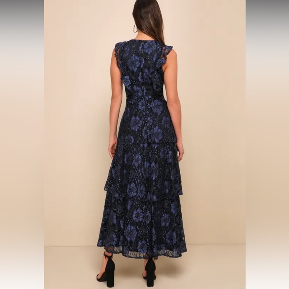 Molinetto Navy Blue Lace Ruffled Tiered Sleeveless Maxi Dress - Picture 3 of 9